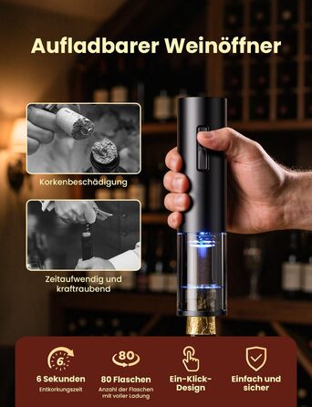 Електричний відкривачка для вина GHB 6-в-1 з USB-зарядкою, різець фольги, виливає вино та вакуумний затвор - ідеальний подарунок для поціновувачів вина (8-в-1)