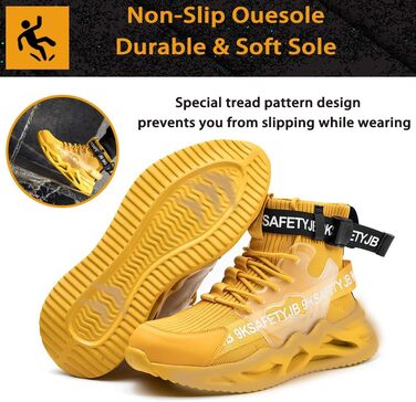 Черевики безпеки Nasogetch для чоловіків та жінок. Легкі, дихаючі, антиковзкі спортивні черевики з металевим підноском, жовті, 39 EU