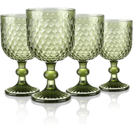 Joeyan 350ml Green Vintage Wine Glasses with Diamond Embossed Design, Colorful Goblet Glasses Wine Cup Set for Wine Juice Drinks, Set of 4 Retro Glasses with Stem, Dishwasher Safe