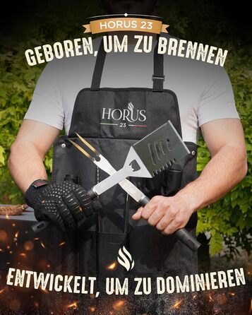 HORUS 23 Набір гриля з аксесуарами з нержавіючої сталі: щитківка, рукавиці для захисту від тепла, килимок для гриля - подарунок для чоловіків