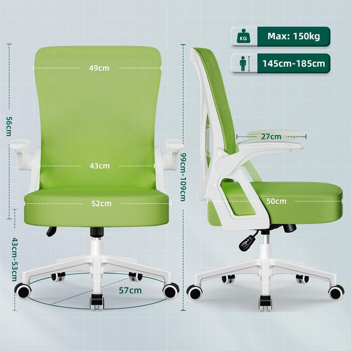 Ергономічне крісло для офісу, офісне крісло з підйомними підлокітниками, регульована поперекова підтримка, регульоване крісло для начальника, поворотне крісло, сітчасте крісло з функцією гойдання до 125° (Зелений, без підголівника)