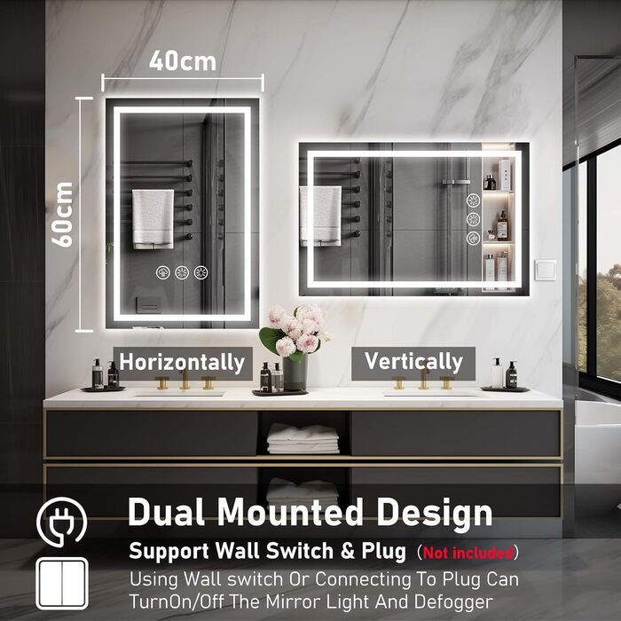 Дзеркало для ванної кімнати 40x60 см з LED-підсвічуванням, антизапар, регулювання яскравості, 3 кольори світла