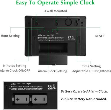 KWANWA Alarm Clock, 8-Inch Large Screen, Digital Battery-Powered Alarm Clock, Automatic Dimming Mode, Large Tick-Free Wall Clock, Table Clock for Bedroom, Office, Living Room, Seniors, 12-Hour Mode