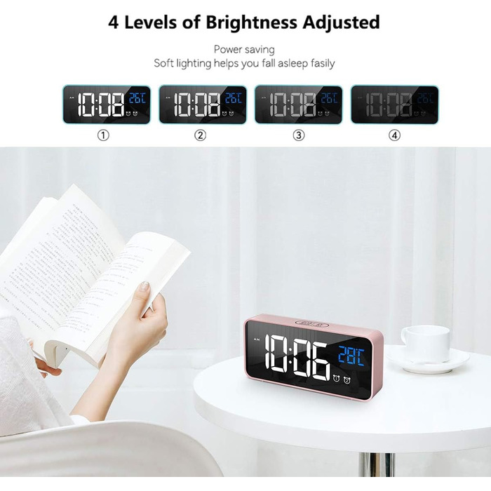 Будильник HOMVILLA Digital з великим LED-дисплеєм температури, двома будильниками, функцією відкладання, регулюванням яскравості та 10 мелодіями для спальні (рожевий)