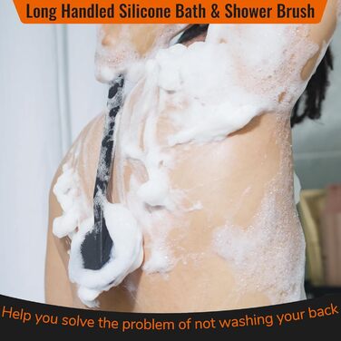 Силіконовий скребок для тіла під душ з довгим руків'ям, двостороння дзеркальна щітка для душу для скрабу та масажу, створює багато піни, скребок для спини з довгим руків'ям для чоловіків (Елегантний чорний)