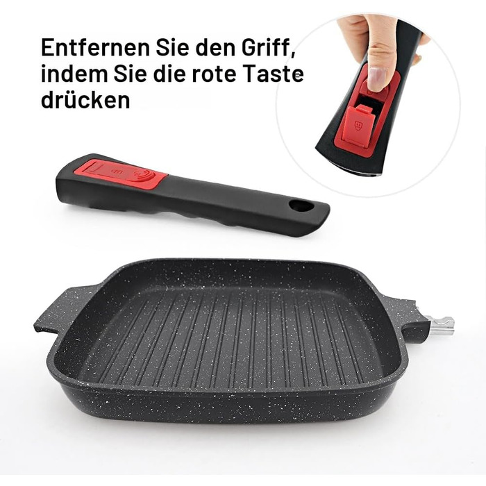 Сковорода гриль індукційна знімною ручкою 26x24 см з кришкою антипригарна алюмінієва для стейків, для всіх типів плит - чорна