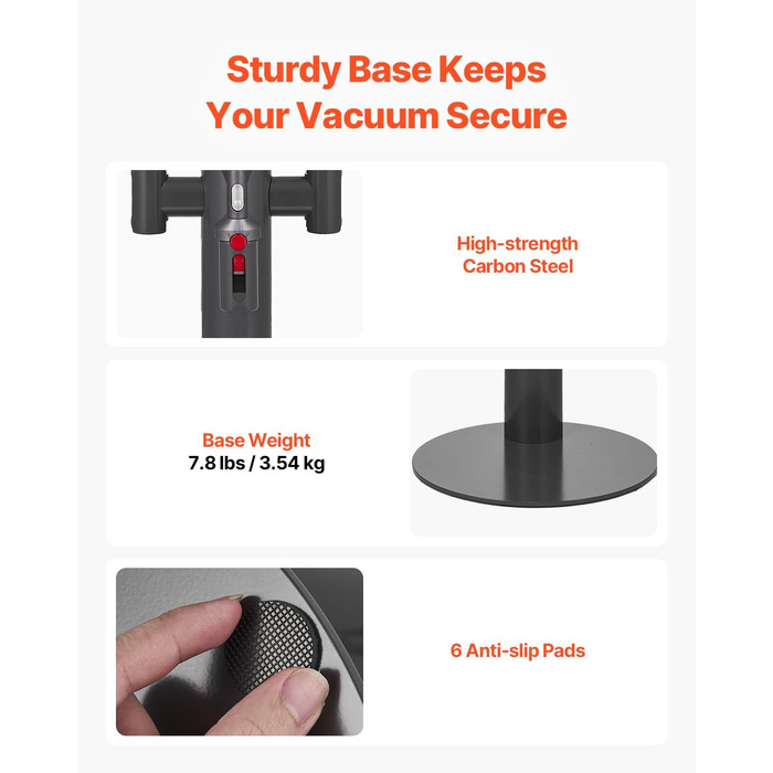 Підставка для пилососа VEVOR 126 см, сумісна з Dyson G5, V15, V12, V11, V10, V8, V7, V6, з аксесуарами, підлогова стійка, кріплення з 6 гачками та антиковзкими ніжками, срібна (з висувною трубою, чорна)