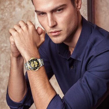 Чоловічий механічний годинник OLEVS Gold Skeleton з автопідзаводом, розкішний сталевий корпус з діамантами, водонепроникний, сріблясто-золотий з чорним циферблатом