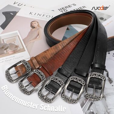 Жіночий шкіряний ремінь Suosdey класичний чорний з квітковою пряжкою для джинсів, суконь та одягу, 100 см, розмір талії 73-83 см