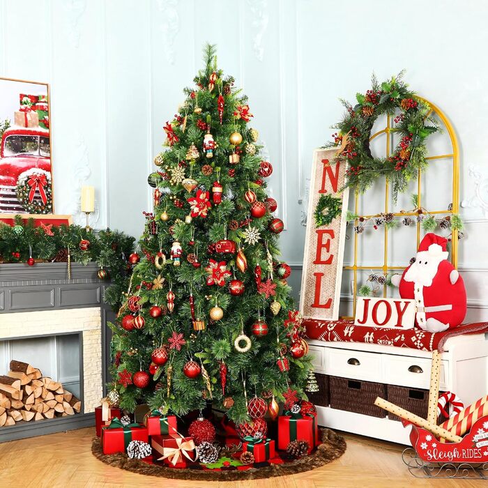 Набір прикрас на ялинку Shareconn 135 шт. – міцні ялинкові кулі з мотузкою, різні розміри та дизайни, декор для ялинки (червоний, зелений, золотий)