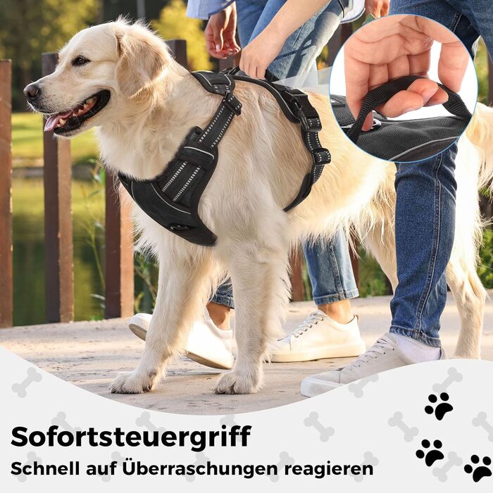 Шлейка для собак Funfox, середнього розміру, анти-тяга, регульована, з ручкою та світловідбиваючими смугами, чорна, L