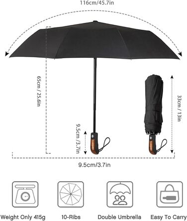 Зонт Kastewill: жіночий та чоловічий, компактний, штормостійкий, автоматичний, з 10-ю металевою основою, тефлонове покриття, чорний