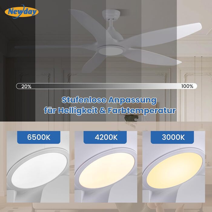 Стеляний вентилятор Newday 153 см, білий з підсвіткою та пультом керування. Безшумний вентилятор-лампа з 5 лопатями, DC мотор, реверсивний, з функцією пам'яті та плавним регулюванням яскравості світла.