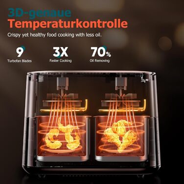 Фритюрниця повітряна подвійна з вікном, 9л, XL, 9-в-1, сенсорний дисплей, таймер, без олії, для здорового харчування