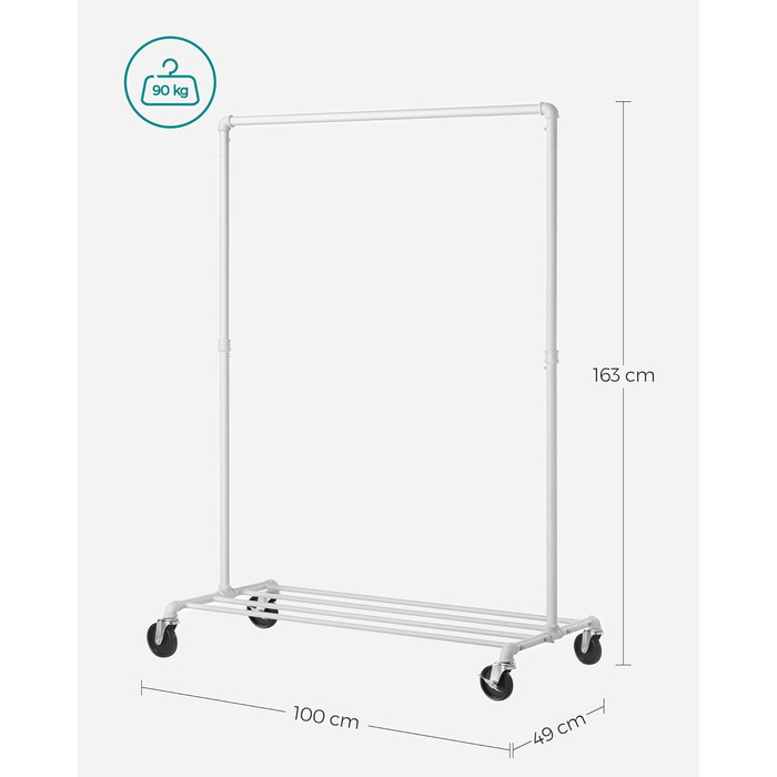 SONGMICS Clothes Rack, Garment Rod, with Wheels, Load Capacity up to 90 kg, Coat Rack with 1 Garment Rod and Shelf, Industrial Design, for Bedroom, Laundry Room, HSR61BK (White)