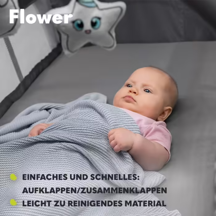 Lionelo Flower 4in1 Travel Cot Baby, Playpen Baby with Side Entrance, Changing Table, Two Mattress Suspension Heights, Play Arch with Figures, Wheels, Carry Bag 1 Piece (1 Pack) Light Grey