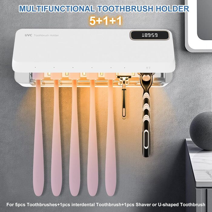 UV Toothbrush Sanitizer with 6 Toothbrush Brush Slots, UV Disinfection Toothbrush Holder with Drying, 2000mAh USB Rechargeable Toothbrush Sanitizer Holder Wall Mounted with 3 Modes for Bathrooms (White)