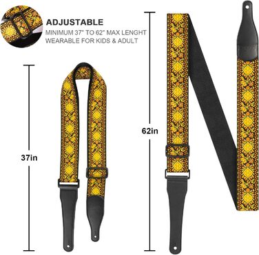 Гітарний ремінь Jacquard з бавовни з шкіряними кінцями для бас-гітари, акустичної та електрогітари, жовтий