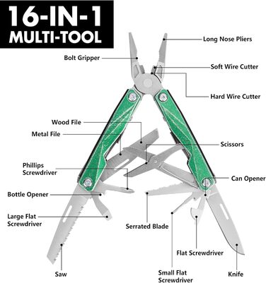 Мультитул Swiss+Tech 16-в-1 з нержавіючої сталі з ножем, пилкою, плоскогубцями, викрутками та ножицями для кемпінгу, відпочинку та ремонту, з чохлом, вінтажний зелений