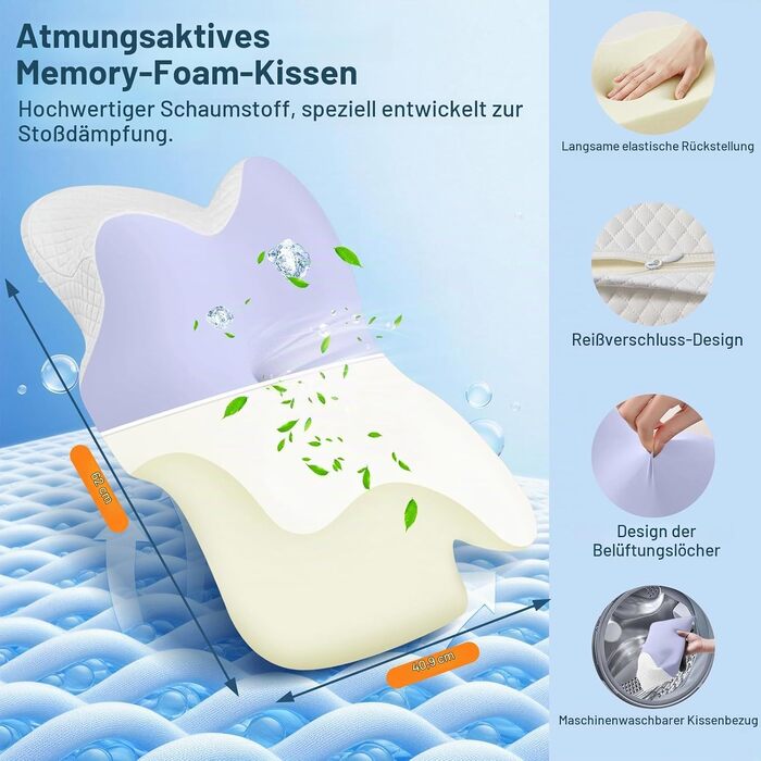 Ергономічна подушка з ефектом пам'яті Memory Foam для шиї та голови, ортопедична подушка для сну на боці, регульована висота, 62x41x13/11 см, світло-фіолетова