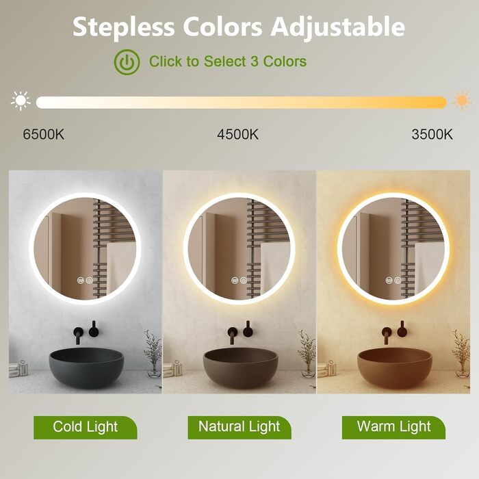 LED дзеркало для ванної кімнати з підсвічуванням Round - регульоване з 3 кольорами світла (3500K-6500K), сенсорний вимикач, запобігає запотіванню - дзеркало для ванної кімнати з підсвічуванням для макіяжу та гоління (70см)