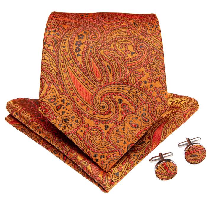 DiBanGu Комплект аксесуарів для чоловіків: краватка, хустинка, нагрудна хустинка, краваткова булатка, запонки (Квітковий візерунок, помаранчевий)