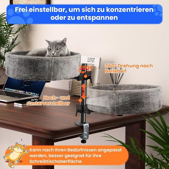 BSWAY Крісло-гніздо для кота на стіл - Покращений 360° оберт, регульована висота, без свердління. Підвищене котяче ліжко над столом. Тримає кошеня/кота близько, робочий простір чистий. Крісло-ліжко для кота на стіл, темно-сірий колір, XL розмір