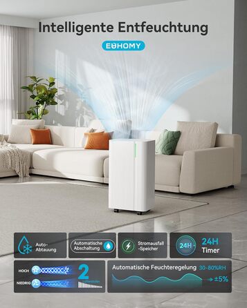 Електричний осушувач повітря EUHOMY 12L/24h - тихий, енергоефективний, з відведенням води, автоматичним розморожуванням, 3 режими, для квартири 25м²/122м³