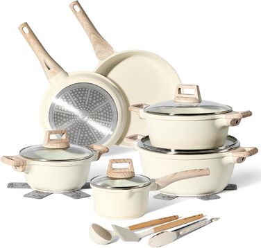JUST PERFECTO Cookware Set Induction - Frying Pan Set with Lid - Induction Pots Set - Cookware Set without PTFE and PFOA - Induction Cookware Set (15-Piece Beige)
