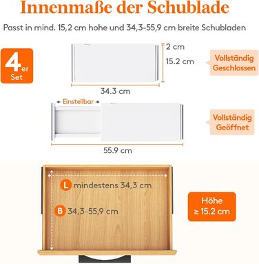 Lifewit Drawer Dividers Set, Plastic, for Internal Length 27–40cm & Height >10.5cm Drawers, Adjustable Organizer System for Closet/Bedroom/Dresser/Kitchen/Office, White (4, for Internal Length 34–50cm & Height ≥15.5cm)
