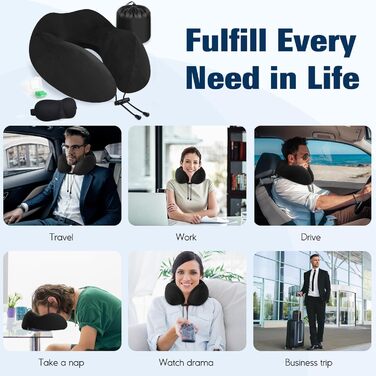 Подушка для шиї у вигляді звірка, Memory Foam, для дорослих, з маскою для сну та берушами, для подорожей, літака, офісу, авто, поїзда (Чорний)