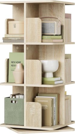 Обертовий книжковий стелаж EUGAD, 4 рівні, 360°, МДФ, світлий дуб, 39,5x128x39,5 см, для офісу та дому, багатофункціональний роздільник простору