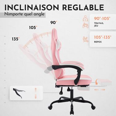 Ігрове крісло Gaming Chair з підніжкою та ергономічною підтримкою попереку, регульована спинка 90-135°, офісне крісло для геймерів, рожево-біле