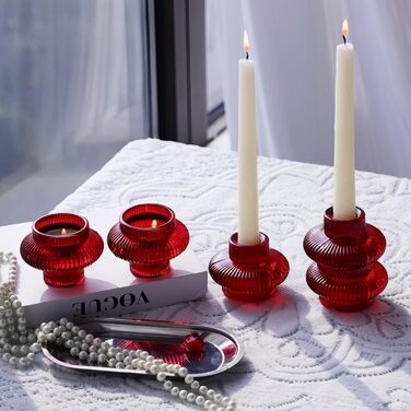 VOHO Candle Holders, Ribbed Glass, Stylish Boho Candle Holders, Stackable and Reversible, for Candle Stands and Votive Candles, e Candle Holders, Table Decoration, Set of 12 (Red/Getaway, Solid (Getaway Solids))