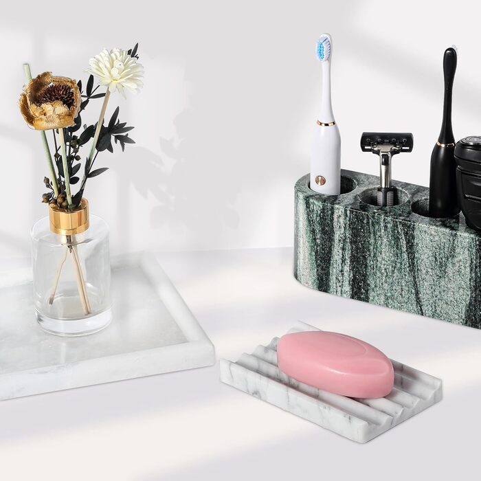 Італійська мильниця з мармуру Koville - підставка для мила з каменю для душу та кухонної раковини - елегантна мильниця з отвором для стоку (Bianco Carrara)