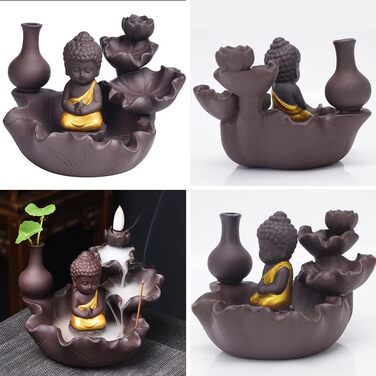 Golden Buddha Waterfall Backflow Incense Burner, Water Fountain Incense Holder, Golden Buddha Censer, Ceramic Incense Burner for Family, Office, Bedroom Decoration