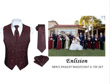 Костюмний жилет для чоловіків Enlision на весілля з павальовим візерунком, краватка та нагрудна хустинка. Чорно-вишневий, XL