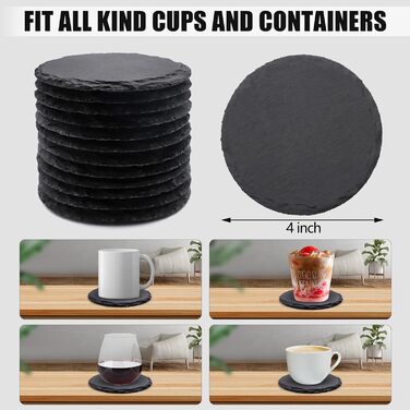 24-Piece Round Slate Coasters, VIBRATITE 10.2 cm, Black Slate Coasters with Scratch-Resistant Bottom for Drinks, Bar, Kitchen, Home Decor (60-Piece Round)