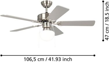 Стеляний вентилятор EGLO CADIZ з 5 лопатями, світлом, ланцюжком, лопаті з МДФ (срібло/дуб), корпус зі сталі (нікель-мат), літньо-зимовий режим, AC двигун, діаметр 106.6 см