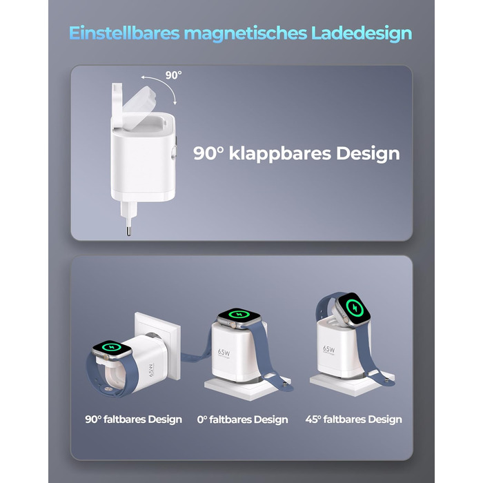 Зарядний пристрій 65W USB-C GaN з кабелями для Apple Watch, iPhone, iPad, MacBook, Samsung Galaxy - білий