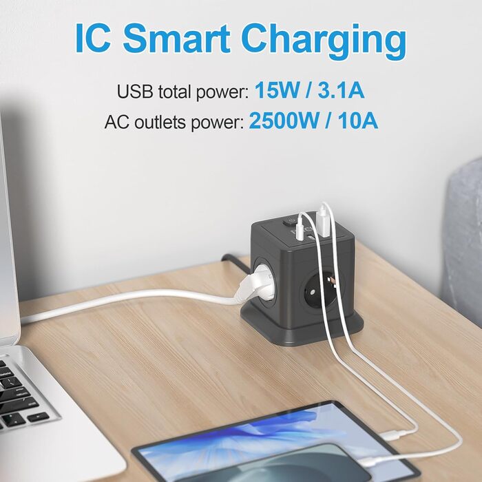 Багатофункціональний мережевий адаптер FDTEK 7-в-1 з USB-C та USB-A, 4 розетки, 2500W/10A, куб з вимикачем, кабель 1.8м, чорний