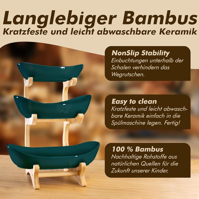 Керамічна фруктова тарілка на бамбуковому підставці, 3 яруси, для фруктів, закусок, випічки, стильна, сучасна, зелена