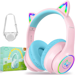 Дитячі навушники LOBKIN бездротові Bluetooth з сумкою, складні, регульовані, Over-Ear, рожево-блакитні - для школи та подорожей