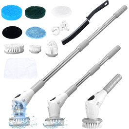 Electric Cleaning Brush, Electric Spin Scrubber Cordless with 8 Replaceable Brush Heads, 3 Speed, Adjustable Handle, LED Screen Electric Brush for Bathroom, Kitchen, Car, Tiles (Gray and White)
