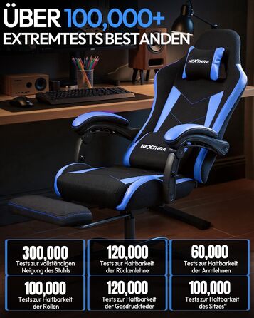 Геймерське крісло Nexthra Ergonomisch з підставкою для ніг, до 180 кг, блакитне. Регульована спинка 150°, для геймінгу та офісу