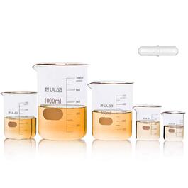 ULAB Scientific Beaker Set with Magnetic Stirrer Rod Offer, 5 Sizes: 50 ml, 100 ml, 250 ml, 500 ml, 1000 ml, 3.3 Boro Griffin Low Form with Printed Graduations, UBG1002