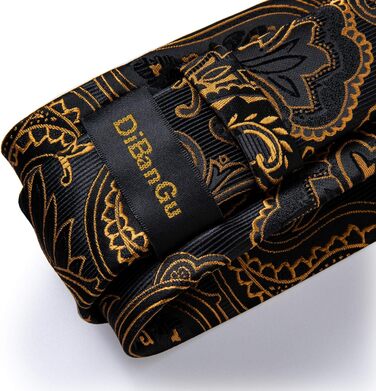Краватка з візерунком пейслі DiBanGu, шовкова краватка, нагрудна хустинка, запонки, затискач для краватки - чорний та золотий для весілля та балу