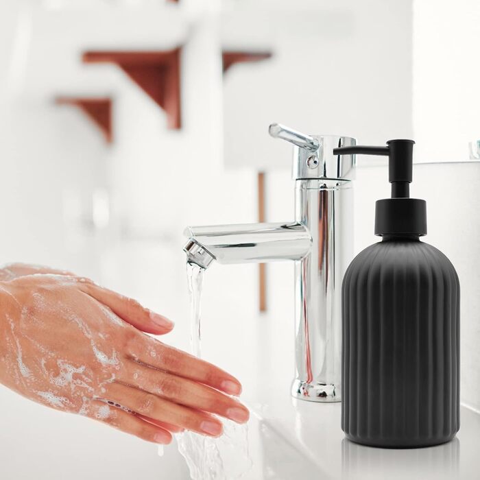 Набір з 2 скляних дозаторів для мила з помпою, 400 мл, для мила, шампуню, лосьйону, багаторазові, для кухні, ванної, пральні (чорний)
