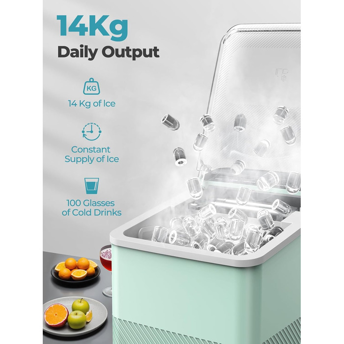 Портативна машина для льоду FOHERE – самоочисна, 14 кг/24 год, 2 розміри, компактний дизайн, 1 кнопка, інтелектуальні попередження, з лопаткою та кошиком для дому/бару/офісу/кемпінгу (зелена)