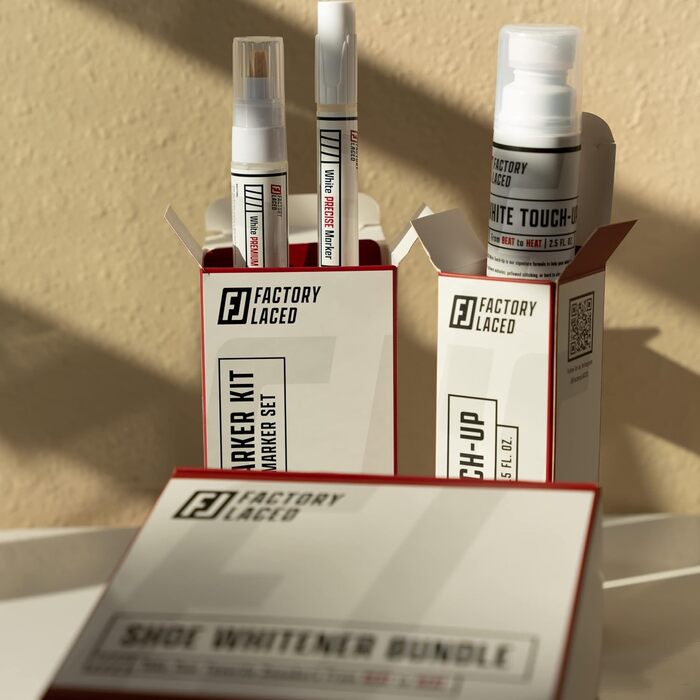 FACTORY LACED Sneaker Cleaner White Set including White Touch-Up Pen, Premium Midsole Marker, and Precise White Marker – Safe on Leather, Fabric, Nylon and more